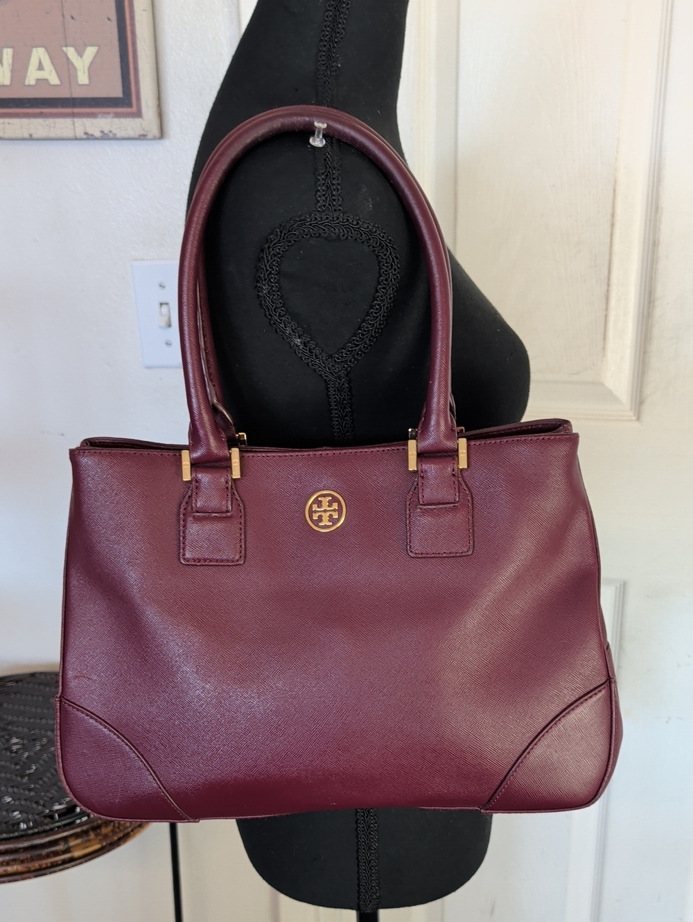 Tory Burch Robinson Leather Tote Shoulder Bag Burgundy